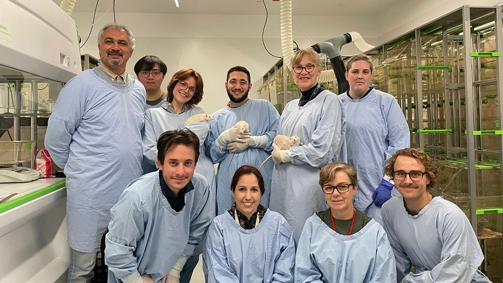 A group of people in blue laboratory coats.Three people are holding white rats.