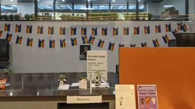 Wollongong library desk decorated with rainbows