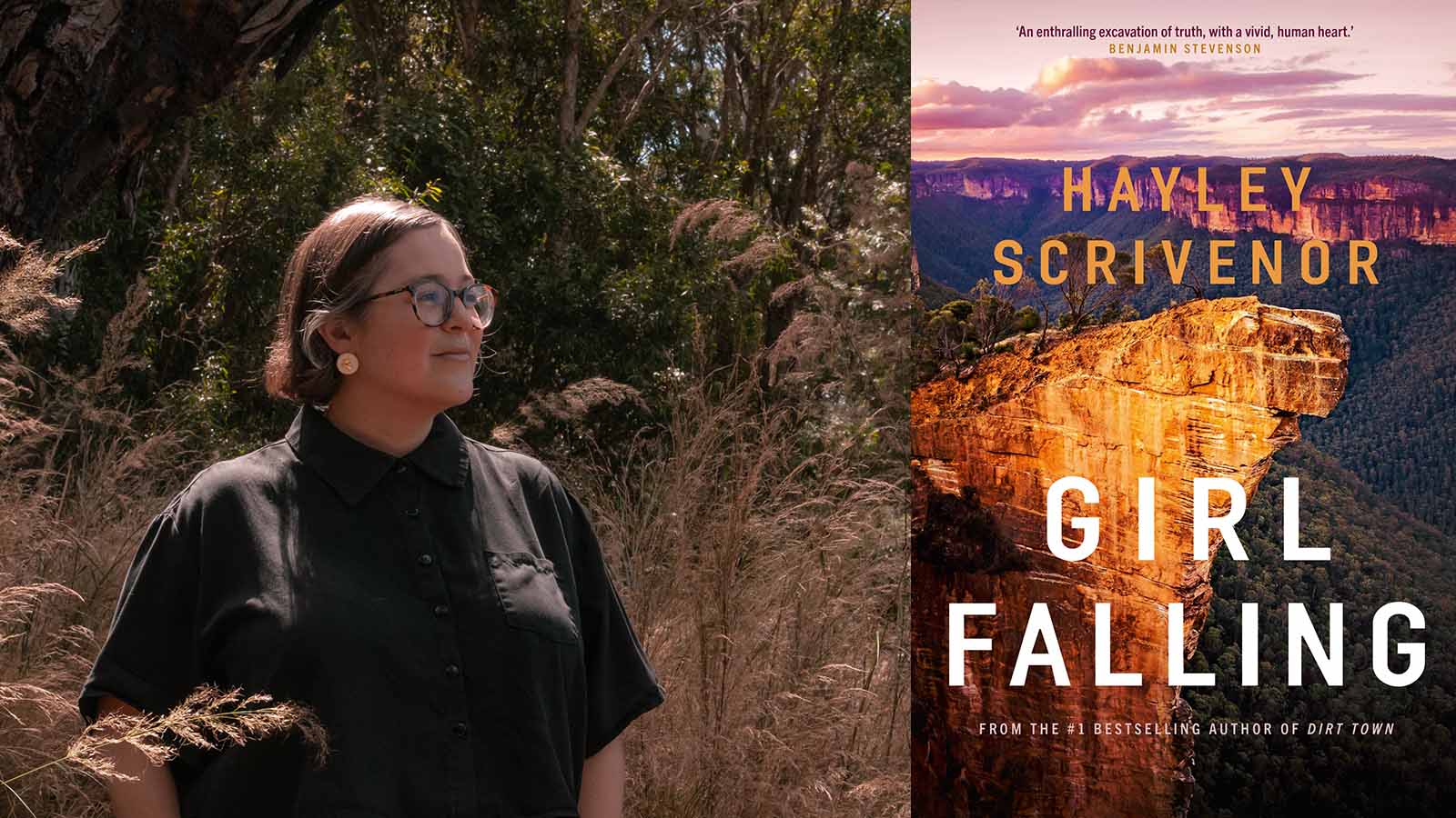 A woman is standing in bushland wearing a black button up blouse. Next to her is a book cover of the novel 'Girl Falling'.