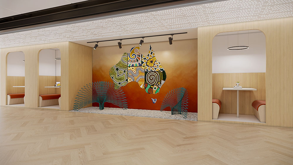 A 3D rendering of a booth seating detail at UOW India