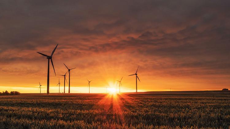 An orange sun sets over a windmill field.