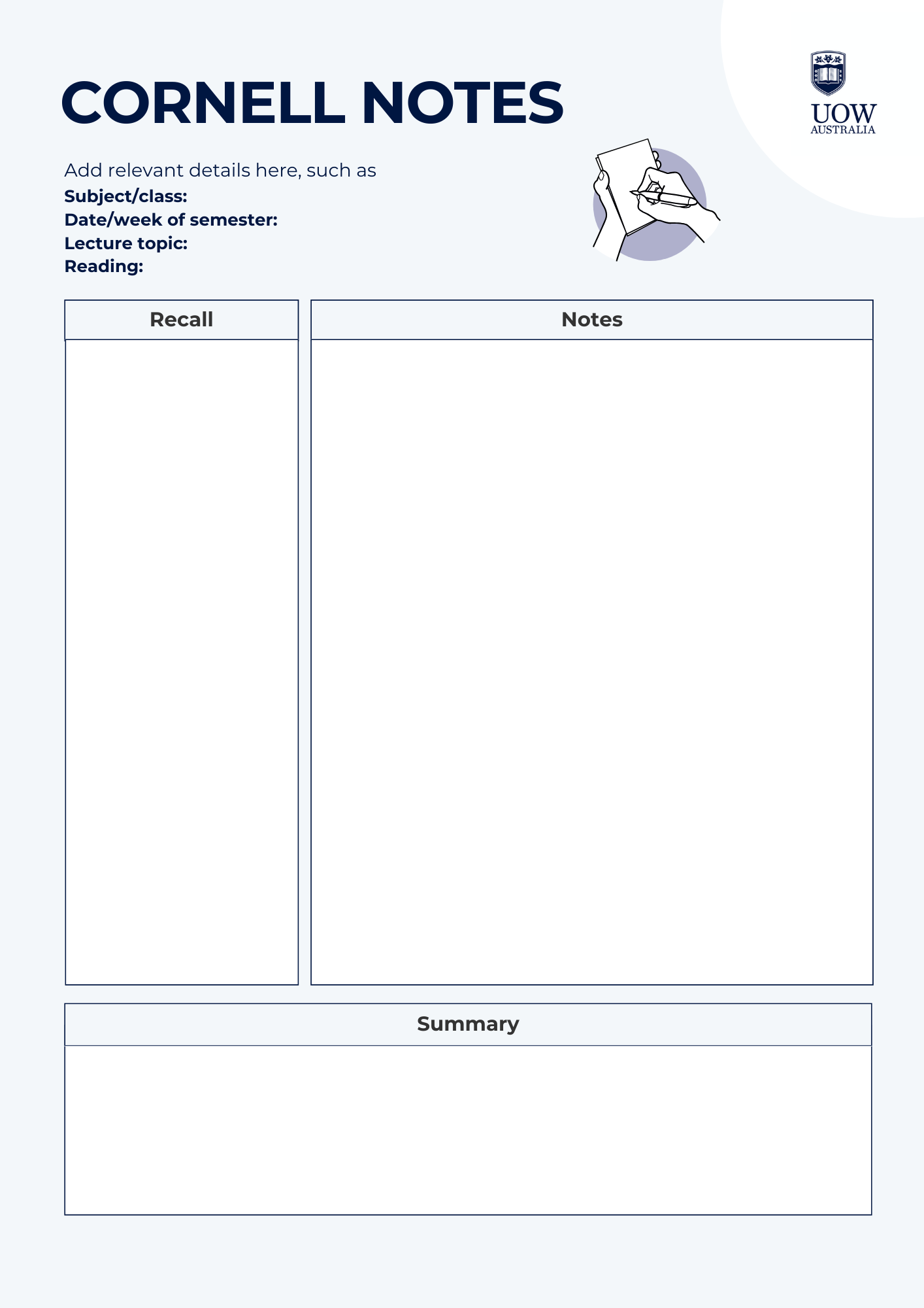 Template form of Cornell Notes taking, three boxes labeled 'Recall', 'Notes' and 'Summary'