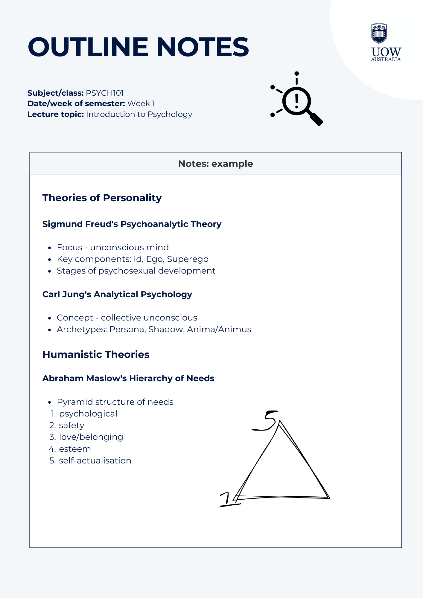 Example of Outline Notes taking form in action with content on the subject of Theories of Personality