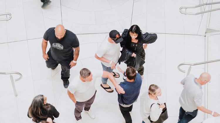 Ariel view of people standing in a crowd