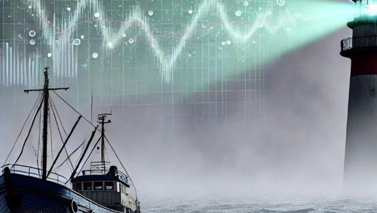 Ship at sea in a grey sky storm. A lighthouse appears on the right hand side and green digital lines in the sky.