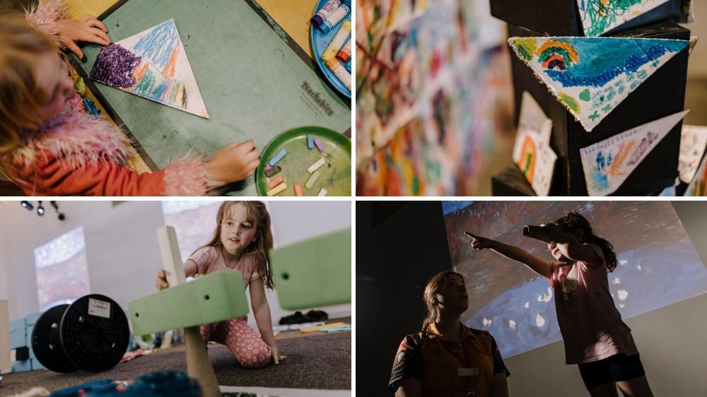 A collage of photos of children creating artworks at Early Start Discovery Space. Photo credit: Michael Gray