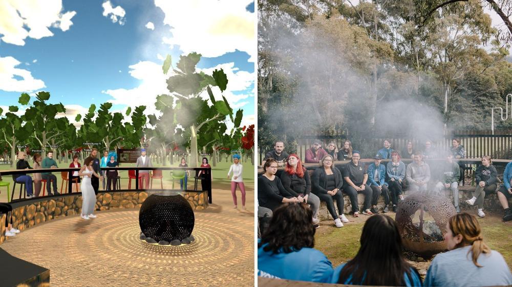 Image from the First Nations Cultural Assets VR alongside a photo of the study group attending a Welcome to Country Ceremony and Smoking Ceremony in person at Woolyungah.