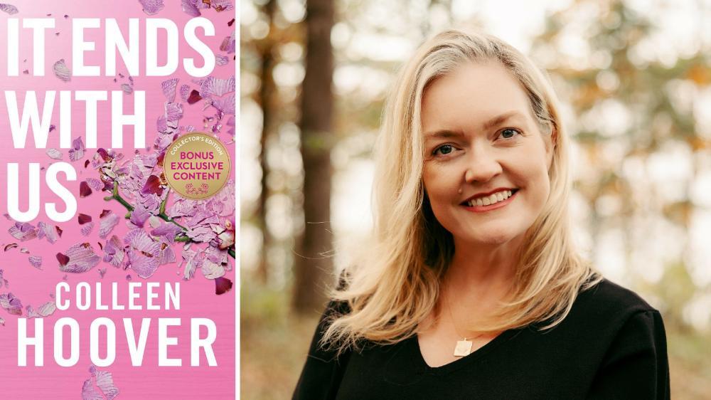 The pink, floral cover of It Ends with Us and photo of the author Colleen Hover. Credit: It Ends With Us book cover © Simon & Schuster. Photograph © Captured By Cayson