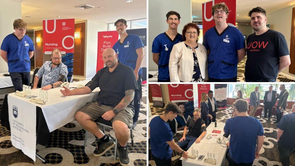 A collage of photos from the UOW nursing pop-up blood pressure stall on Friday 22 November 2024.