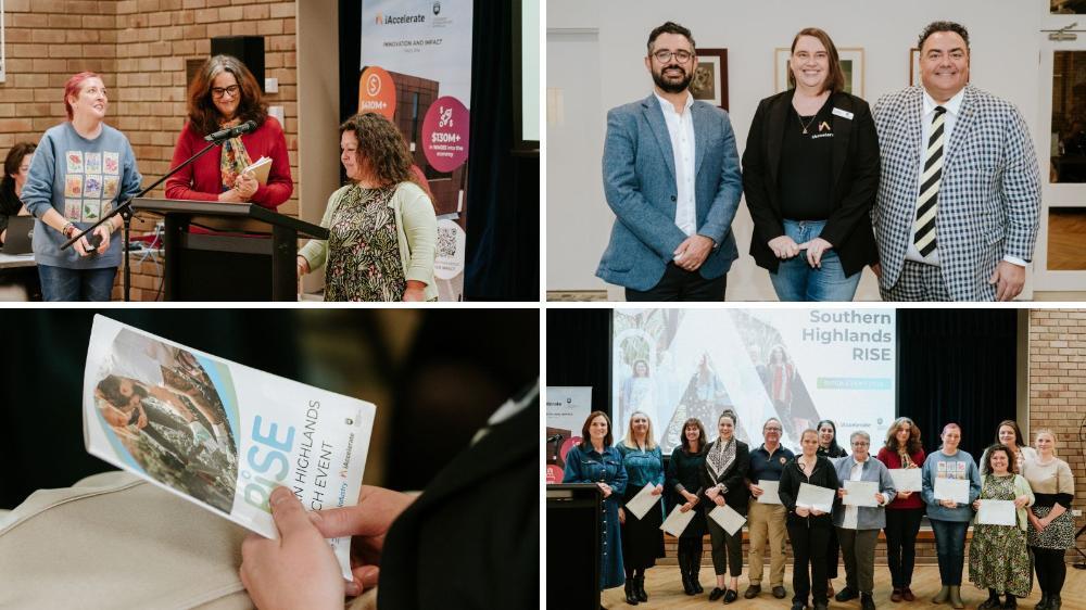 Event photos from the iAccelerate RISE Pitch Day including participants pitching, the panel of judges, program booklet and group photo for participants with certificates. Photo: Bodhi Todd