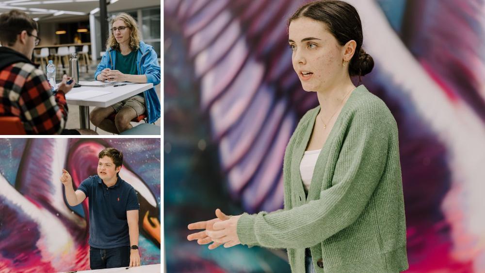 Collage of photos of Angus Braiden and Callum Belgrove, Amelie Clare and Lachlan Middlemiss during practice debates at a SWORDS internal meeting at UOW Wollongong. Photo: Michael Gray