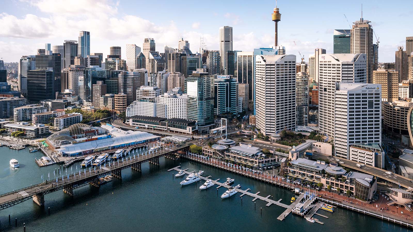 An aerial view of Darling Harbour including the UOW Sydney CBD campus in Tower 1 in Darling Park.