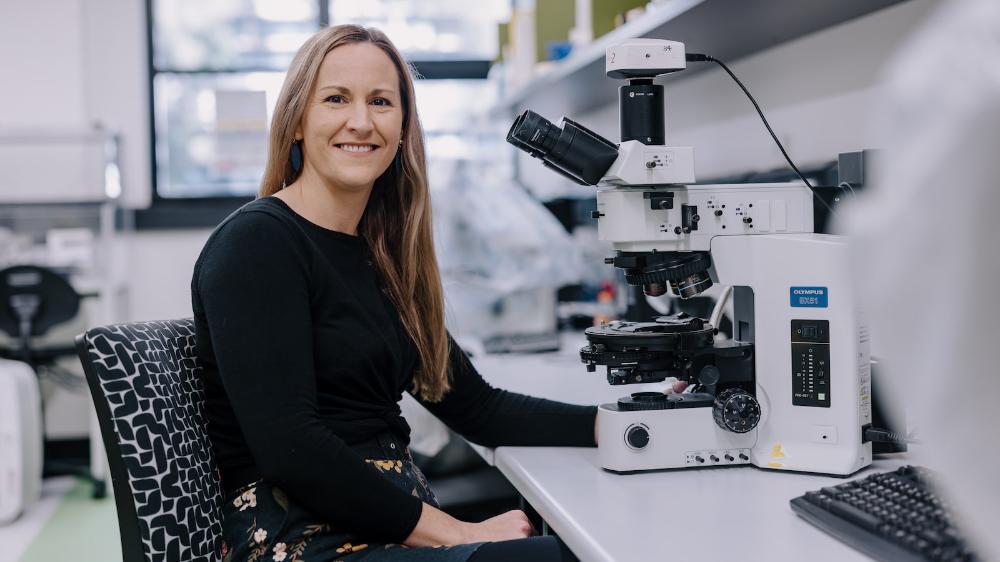 A woman sits at a microscope in a laboratory setting. Photo: Michael Gray